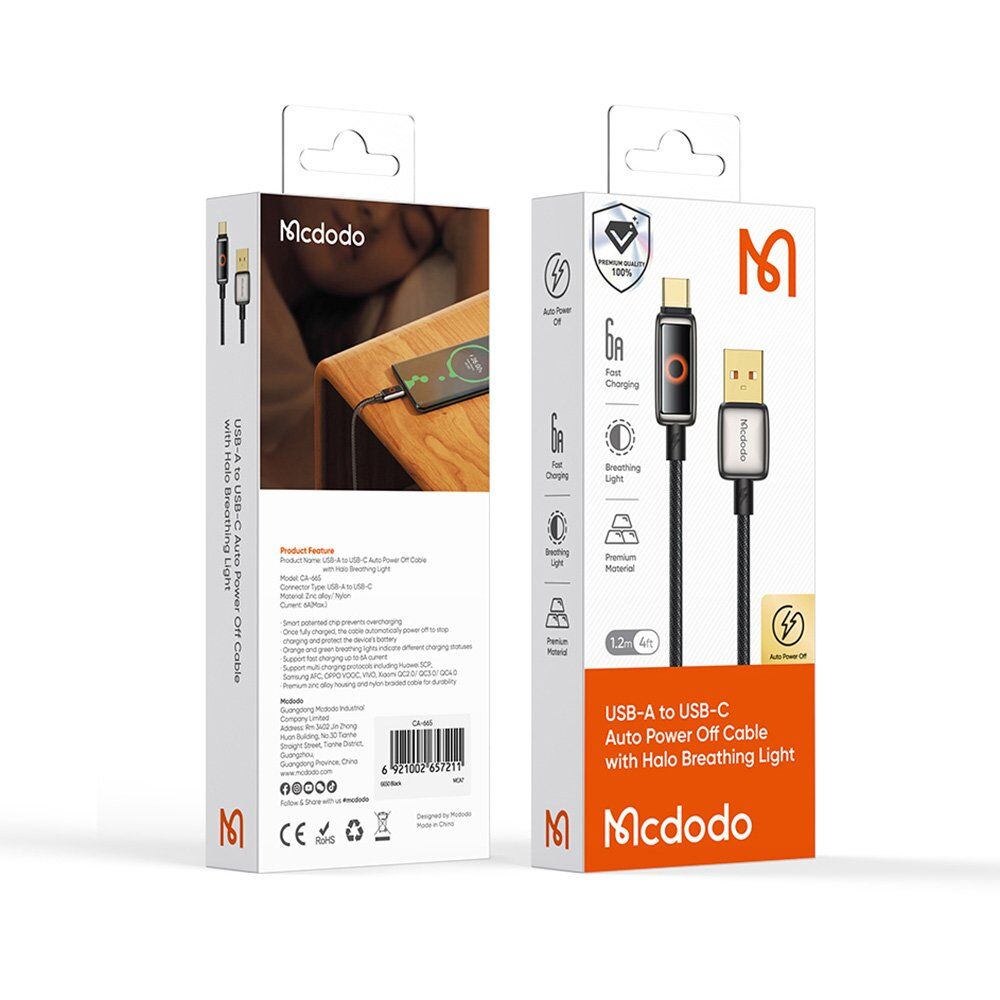 Mcdodo CA-6650 6A USB Typec Halo Solunum Işıklı Şarj Kablosu 1.2M - Siyah - Görsel 6
