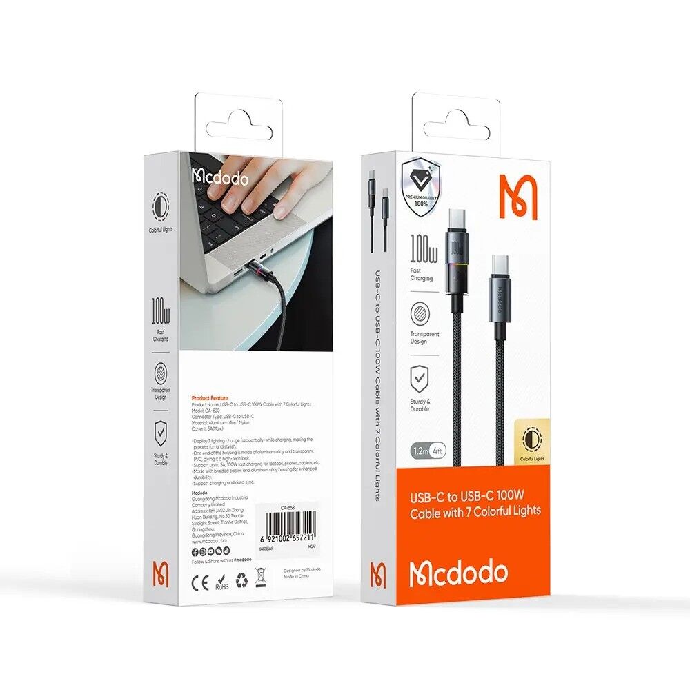 Mcdodo CA-8200 Typec Typec 100W 7 Renkli LED Işıklı Şarj Data Kablo 1,2M - Görsel 4