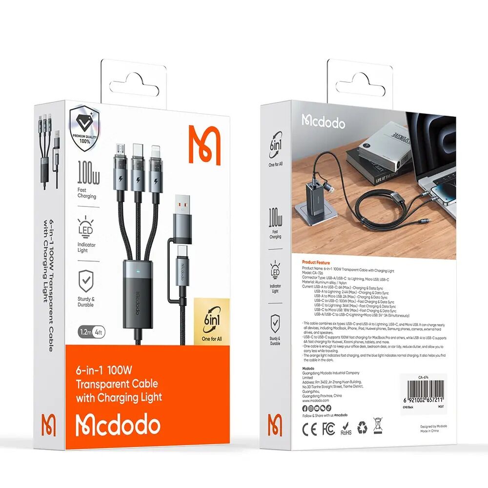 Mcdodo CA-7260 6in1 100W Typec iPhone Micro Şeffaf Çoklu Kablo 1.2M - Görsel 4