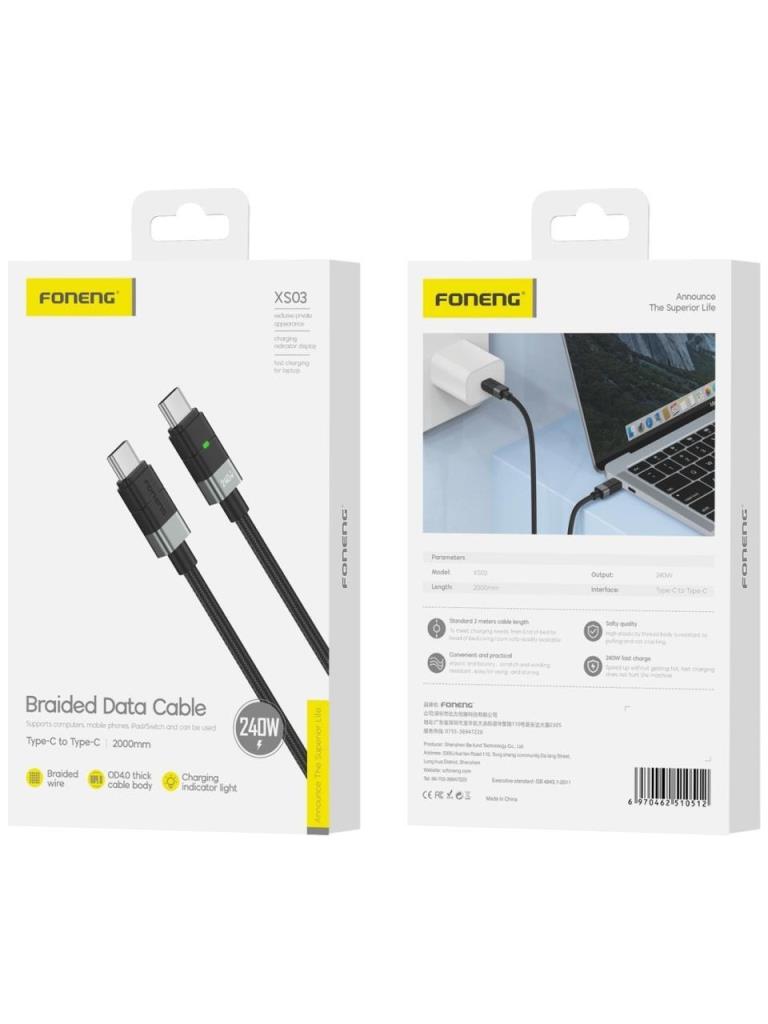 Foneng XS03 Typec Typec 240W Süper Hızlı Şarj Kablo Siyah 2Mt - Görsel 2