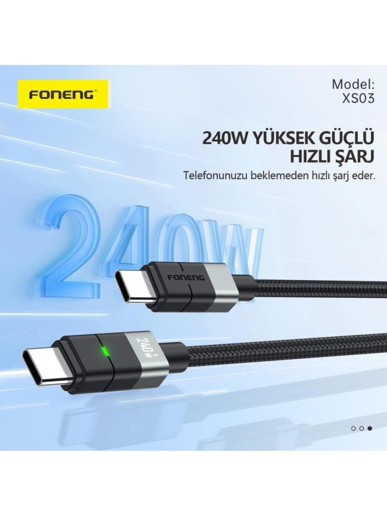 Foneng XS03 Typec Typec 240W Süper Hızlı Şarj Kablo Siyah 2Mt - Görsel 3