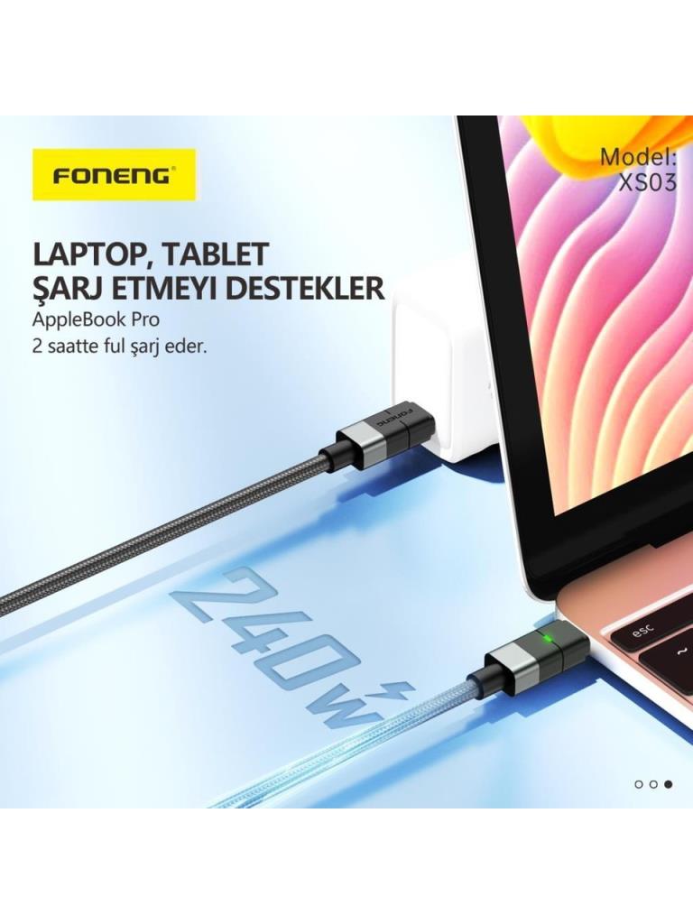 Foneng XS03 Typec Typec 240W Süper Hızlı Şarj Kablo Siyah 2Mt - Görsel 4