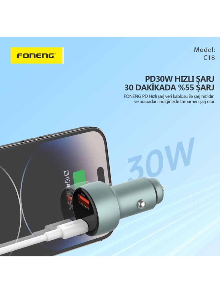 Foneng C18 48W USB TypeC PD Araç Çakmak Şarj Cihazı - Görsel 4
