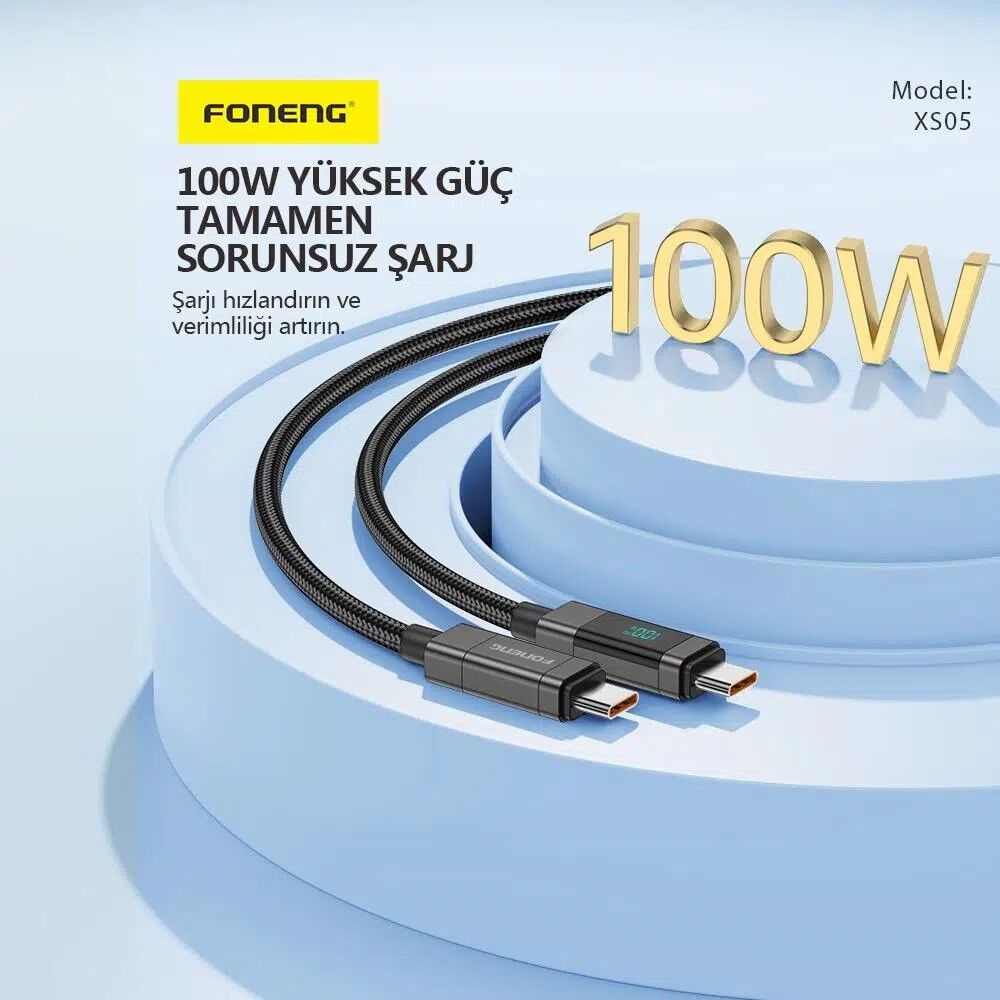 Foneng XS05 Typec Typec 100W Hızlı Şarj Data Kablo Siyah 1,2M - Görsel 2